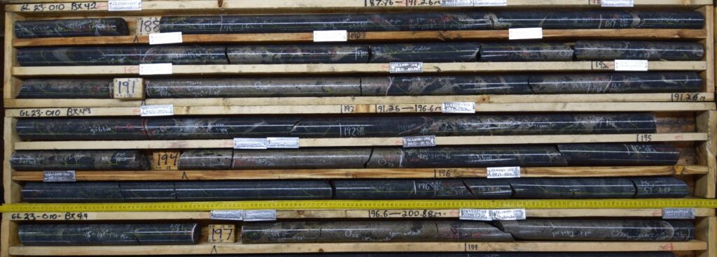 Figure 2 - Semi-massive sulphide mineralization GL23010 ~189 - 198 meters